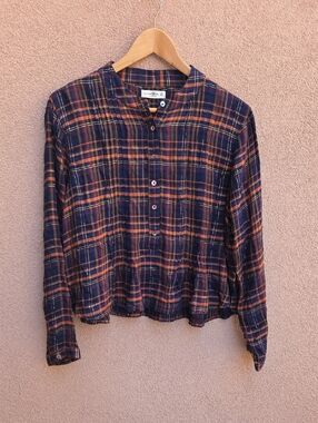 NATURAL LIFE Navy Plaid Button-Front Peplum Blouse with Orange Stripes